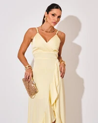 Vestido Midi Babado Acetinado Amarelo Manteiga