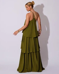 Vestido Longo Babado em Camadas Verde Oliva New