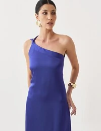 Vestido de Festa Longo Cetim Fluido Um Ombro Só Amarração Costas Azul Royal