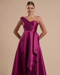 Vestido de Festa Longo Zibeline um Ombro Só Mullet Fúcsia Beterraba