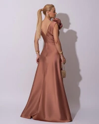 Vestido de Festa longo Zibeline Decote em V com Flores Removivel Mocha Mousse