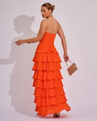 Vestido Longo Crepe Chiffon Tomara que Caia Plissado em Camadas Laranja