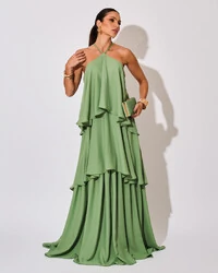 Vestido Longo Babado em Camadas Verde Claro
