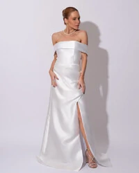 Vestido de Festa Longo Zibeline Ombro a Ombro Drapeado e Fenda Branco