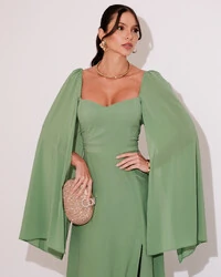 Vestido de Festa Longo com Capa Verde Matcha