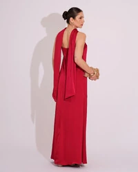 Vestido Longo de Festa Tomara que Caia Cetim com Lenço Marsala
