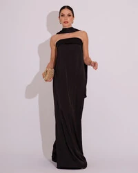 Vestido Longo de Festa Tomara que Caia Cetim com Lenço Preto