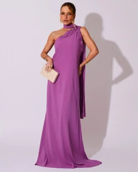 Vestido de Festa Longo Crepe Chiffon Um Ombro Só Drapeado Fúcsia