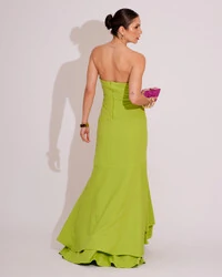 Vestido Longo com Fenda de Babados Alfaiataria Verde Lima