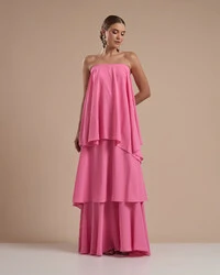Vestido de Festa Longo Chiffon Crepe em Camadas com Lenço Rosa