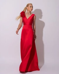 Vestido de Festa longo Zibeline Decote em V com Flores Removivel Vermelho