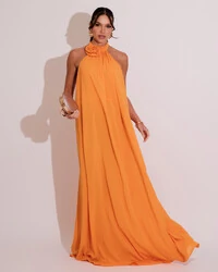 Vestido Longo Crepe Chiffon Frente Única Fluido Flor Removível Mango Sorbet