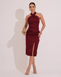 Vestido Midi Alfaiataria Frente Única com Detalhe Marsala