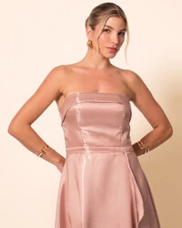 Vestido de Festa Longo Cetim Cristal Tomara que Caia Detalhe Mocha Mousse