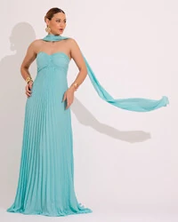 Vestido de Festa Longo Tomara que Caia Plissado com Lenço Verde Tiffany
