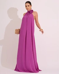 Vestido Longo Crepe Chiffon Frente Única Fluido Flor Removível Fúcsia