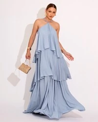 Vestido Longo Crepe Chiffon Babado em Camadas Serenity