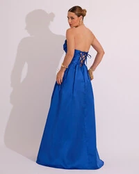 Vestido de Festa Longo Tomara que Caia Trançado Costa em Zibeline Azul Royal