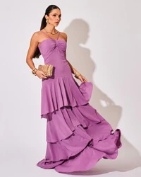 Vestido Longo Crepe com Babado em Camadas Fúcsia