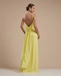 Vestido de Festa Longo Crepe Chiffon Costas Lenço Cauda Amarelo Manteiga