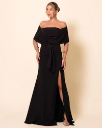 Vestido de Festa Longo Alfaiataria Ombro a Ombro Laço e Fenda Preto