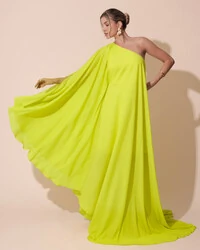 Vestido de Festa um Ombro com Capa Crepe Fluido Verde Lima