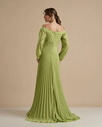Vestido de Festa Longo Crepe Chiffon Plissado Ombro a Ombro Verde Pistache