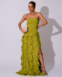 Vestido de festa Longo Tomara que Caia Crepe Chiffon com Bababos Cascata e Fenda Verde Pistache