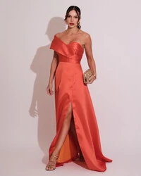 Vestido de Festa longo Faixa Ombro e Fenda Zibeline Laranja