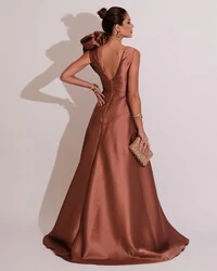 Vestido de Festa longo Zibeline Flor Mocha Mousse
