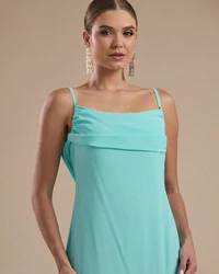 Vestido de Festa Longo Crepe Chiffon Costas Lenço Cauda Tiffany