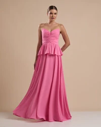 Vestido de Festa Longo Crepe Chiffon Tomara que Caia Peplum Drapeado Rosa