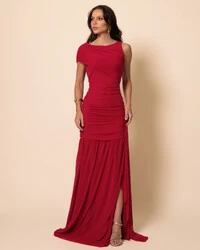 Vestido de Festa Longo Tule Faixa Detalhe Drapeado Cereja