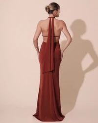 Vestido de Festa Longo Malha Jersey Gola Alta Saia Sereia Terracota