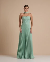 Macacão de Festa Longo Crepe Chiffon Tomara que Caia Plissado com Lenço Verde Menta