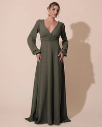 Vestido de Festa Manga Longa com Cintura Drapeada Decote V Verde Oliva