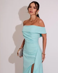 Vestido de Festa Longo Ombro a Ombro com Fenda em Alfaiataria Tiffany