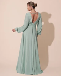 Vestido de Festa Manga Longa com Cintura Drapeada Decote Verde Menta