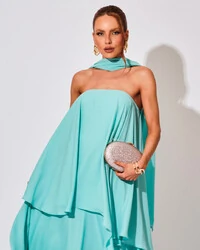 Vestido de Festa Longo Chiffon Crepe em Camadas com Lenço Tiffany