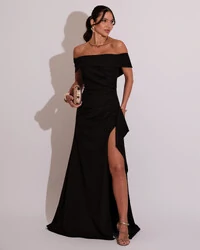 Vestido de Festa Longo Ombro a Ombro com Fenda em Alfaiataria Preto