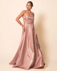 Vestido de Festa Longo Cetim Cristal Tomara que Caia Detalhe Mocha Mousse