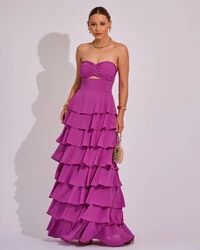 Vestido Longo Crepe Chiffon Tomara que Caia Plissado em Camadas Fúcsia