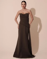 Vestido de Festa Longo Alfaiataria Tomara que Caia Drapeado Faixa Verde Oliva