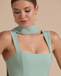 Vestido de Festa Longo Alfaiataria com Lenço e Fenda Verde Menta