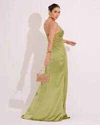 Vestido de Festa Longo Cetim Alfaiataria Fenda Drapeada Verde Lima