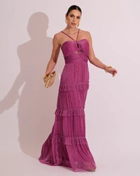 Vestido de Festa Longo Tule com Saia Babado Fúcsia