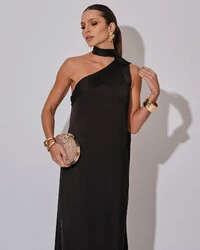 Vestido de Festa Longo Cetim Fluido Um Ombro Só Lenço Fixo Preto