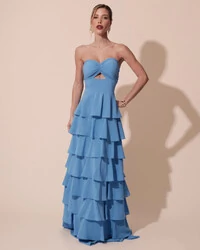 Vestido Longo Crepe Chiffon Tomara que Caia Plissado em Camadas Azul Atlantis