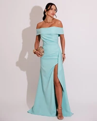 Vestido de Festa Longo Ombro a Ombro com Fenda em Alfaiataria Tiffany