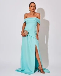 Vestido de Festa Longo Alfaiataria Ombro a Ombro Drapeado com Fenda Tiffany